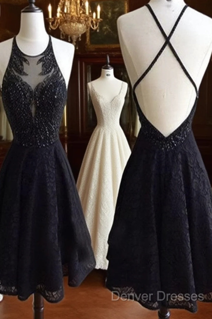 Custom Made Round Neck Backless Short Black Lace Prom Dress, Short Black Lace Formal Dress Main image