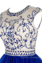 Custom Made Round Neck Cap Sleeves Beading Black Short Prom Dress Royal Blue Homecoming Dress, Evening Dress 2019