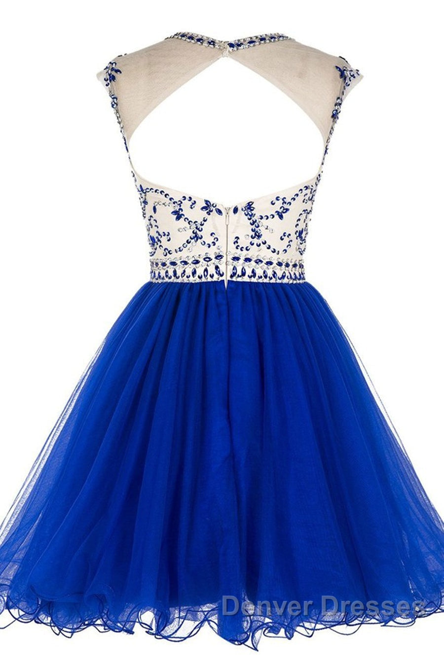 Custom Made Round Neck Cap Sleeves Beading Black Short Prom Dress Royal Blue Homecoming Dress, Evening Dress 2019