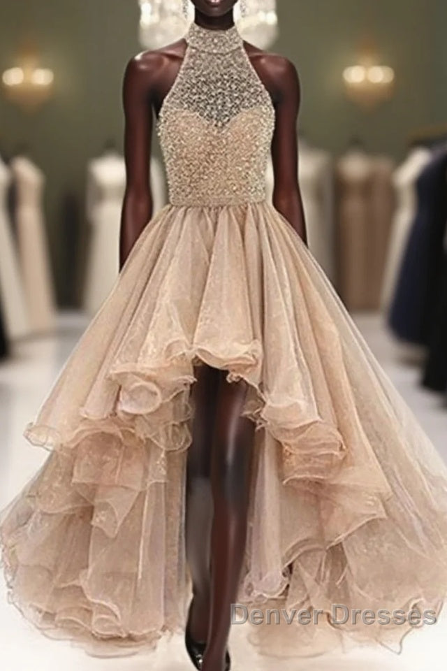Custom Made Round Neck High Low Champagne Prom Dress, High Low Formal Dress Main image