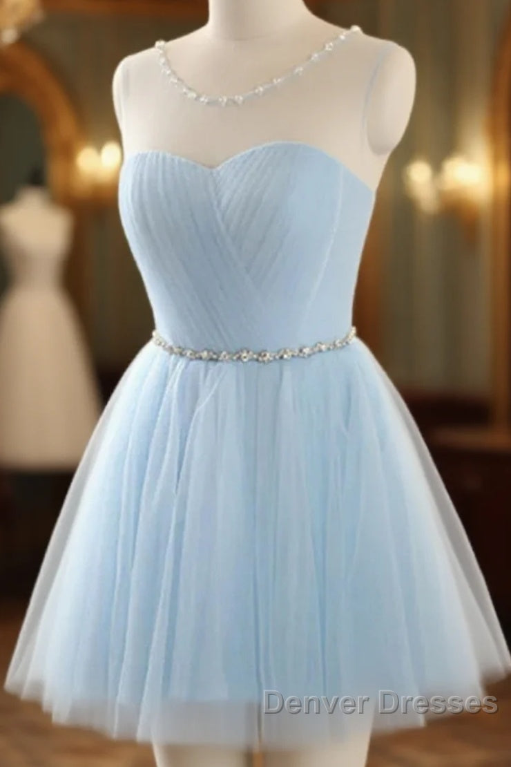 Custom Made Round Neck Short Blue Prom Dress, Short Blue Graduation Dress, Homecoming Dress, Blue Bridesmaid Dress Main image
