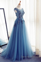 Custom Made Round Neck Sleeveless Lace Prom Dress, Blue Lace Formal Dress