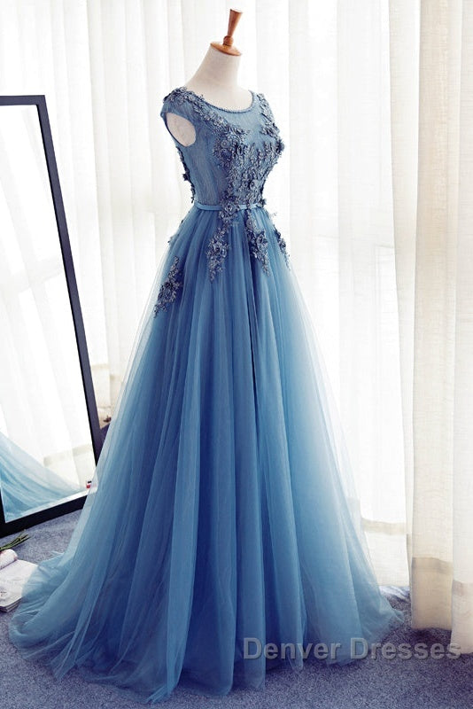 Custom Made Round Neck Sleeveless Lace Prom Dress, Blue Lace Formal Dress