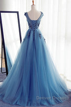 Custom Made Round Neck Sleeveless Lace Prom Dress, Blue Lace Formal Dress