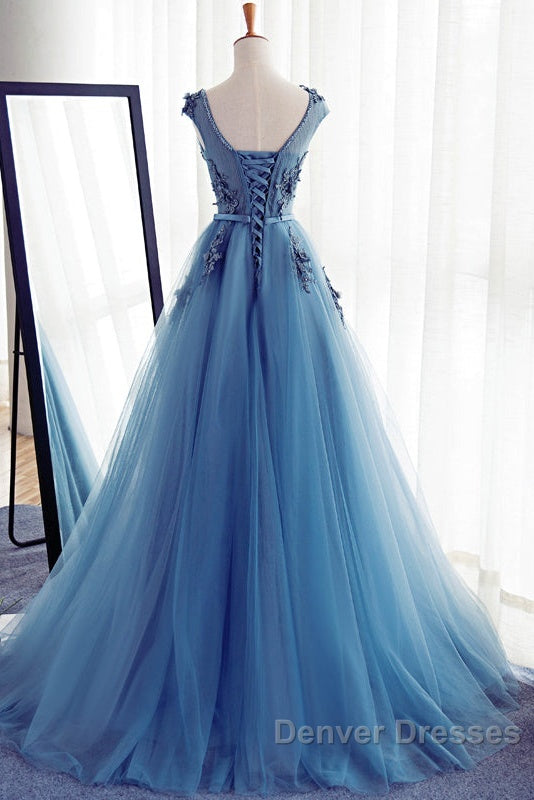 Custom Made Round Neck Sleeveless Lace Prom Dress, Blue Lace Formal Dress