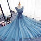 Custom Made Round Neck Sleeveless Lace Prom Dress, Blue Lace Formal Dress