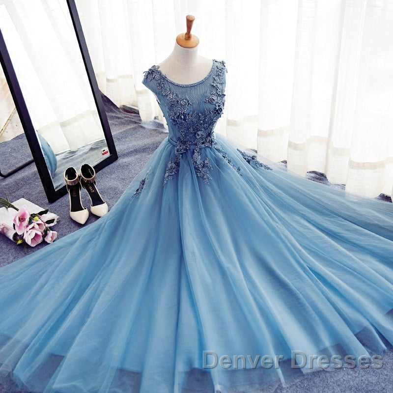 Custom Made Round Neck Sleeveless Lace Prom Dress, Blue Lace Formal Dress