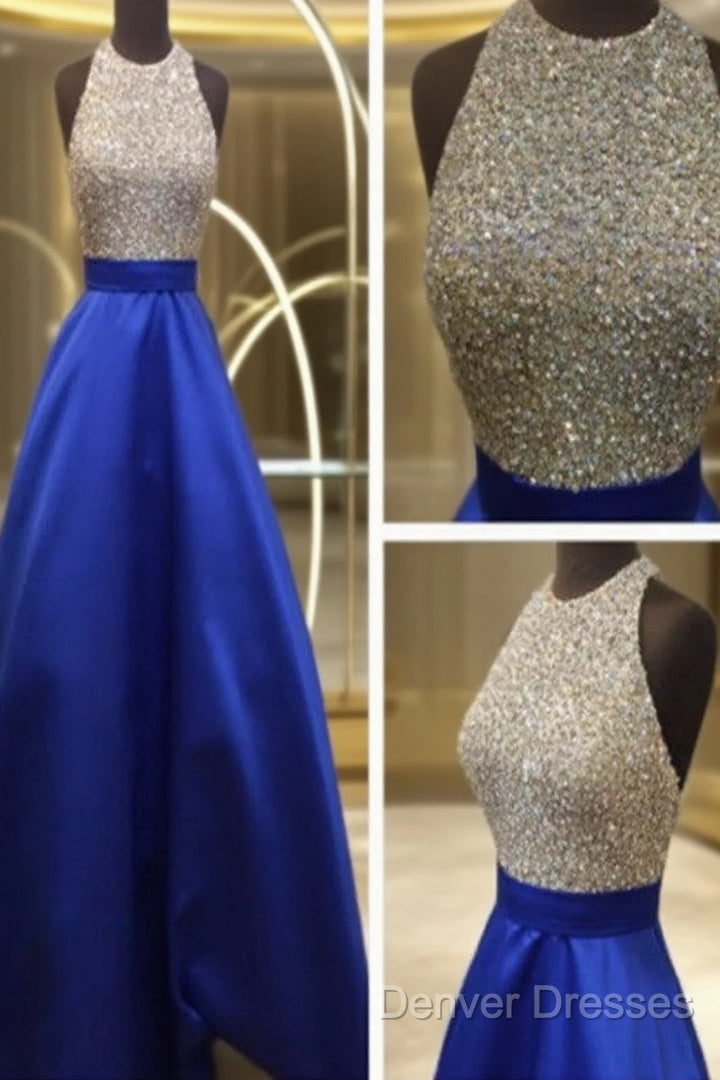 Custom Made Royal Blue Round Neck Sleeveless Prom Dress, Blue Formal Dress