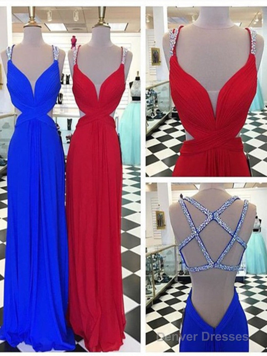 Custom Made Sexy A Line Backless Red/Blue Prom Dresses, Backless Formal Dresses Main image