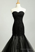 Custom Made Sweetheart Neck Mermaid Black Lace Prom Dresses With Sweep Train, Black Lace Formal Dresses