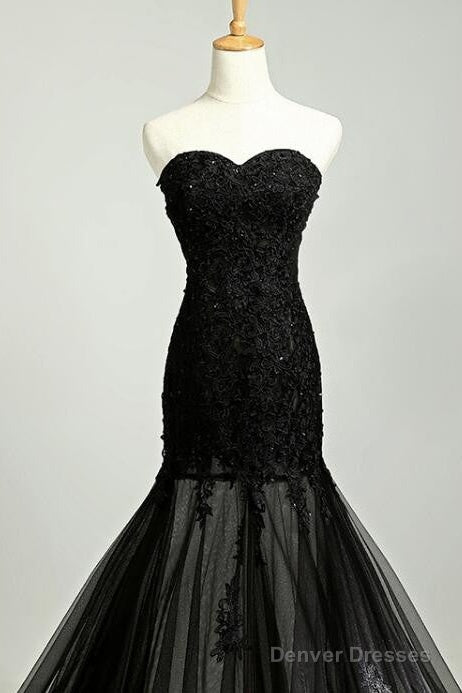 Custom Made Sweetheart Neck Mermaid Black Lace Prom Dresses With Sweep Train, Black Lace Formal Dresses