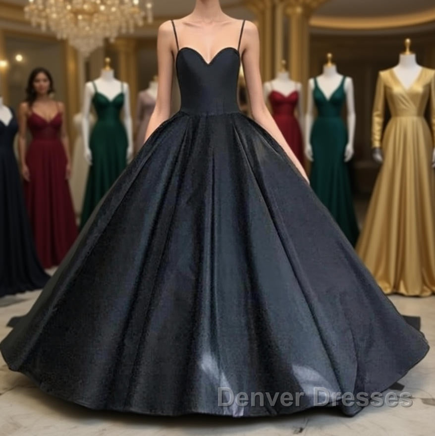 Custom Made Thin Straps Sweetheart Neck Black Ball Gown, Black Long Prom Dress, Evening Dress Main image