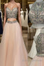 Custom Made Two Pieces High-Neck Beaded Pink Tulle Prom Dress, Pink Evening Dress
