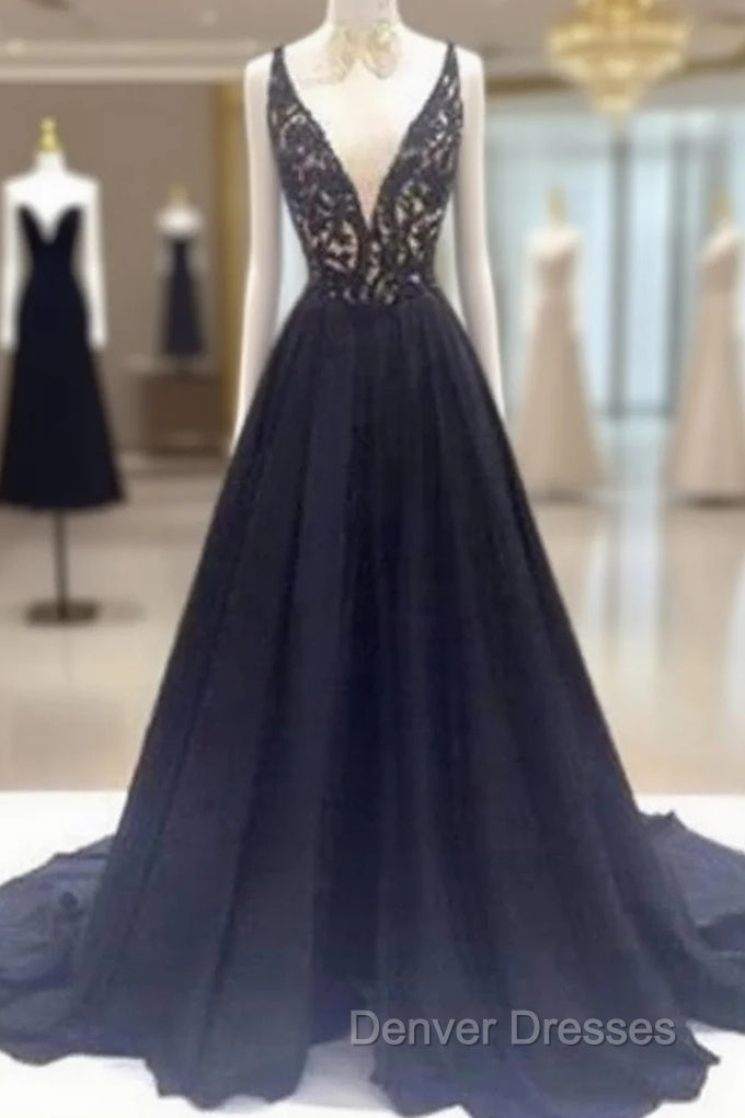 Custom Made V Neck Sweep Train Long Black Lace Prom Dress, Black Long Lace Formal Dress Main image