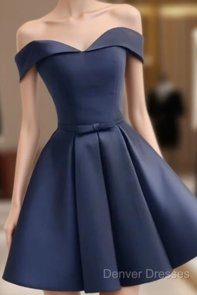 Custom Navy Blue Short Off Shoulder Sweetheart Party Dress, Navy Blue Party Dress Main image