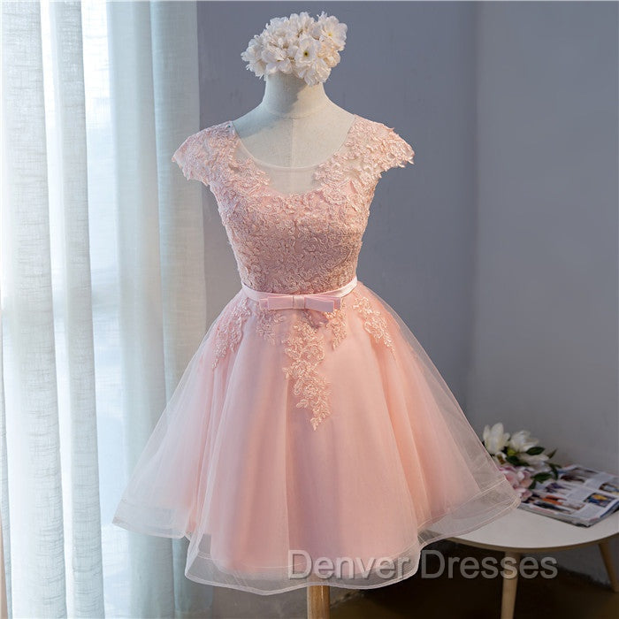Custom Pink Lovely Cap Sleeves Knee Length Formal Dress, Pink Tulle Prom Dress Secondary image