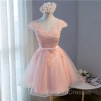 Custom Pink Lovely Cap Sleeves Knee Length Formal Dress, Pink Tulle Prom Dress