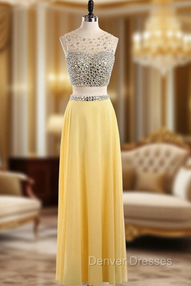 Custom Sexy Yellow Sequins Beaded 2 Piece Prom Dress Scoop Long