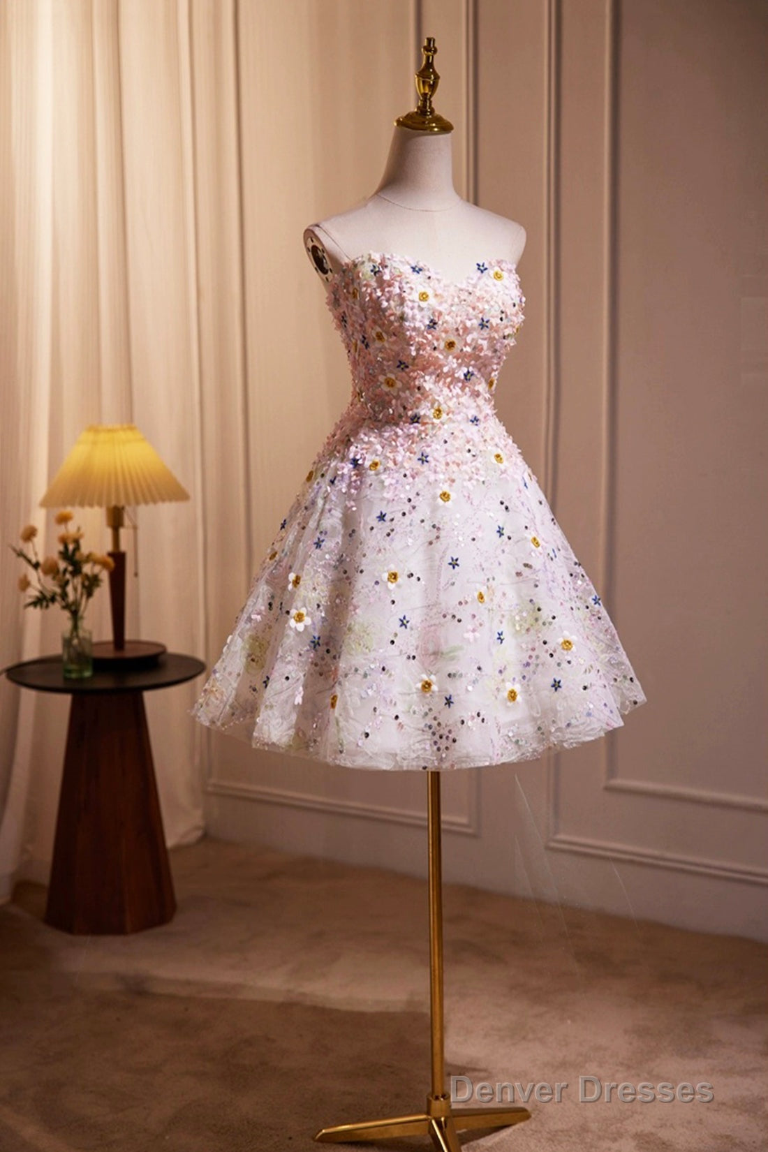 Cute 3D Floral Knee Length Party Dress, A-Line Strapless Homecoming Dress