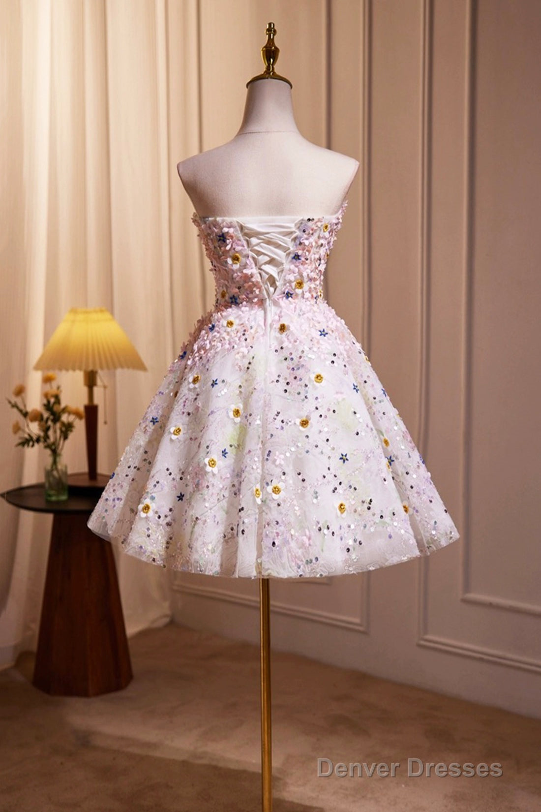 Cute 3D Floral Knee Length Party Dress, A-Line Strapless Homecoming Dress