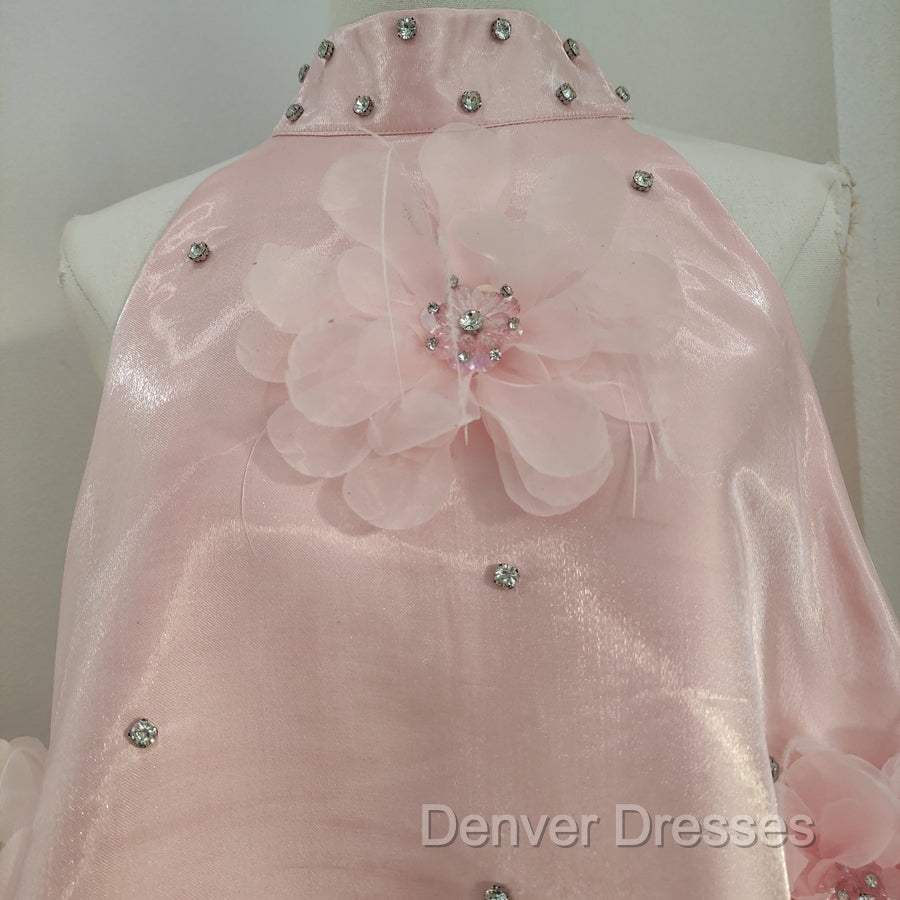 Cute A Line Halter Pink Travel Vacation Dress Short Satin Birthday Dress