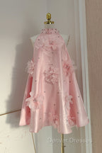 Cute A Line Halter Pink Travel Vacation Dress Short Satin Birthday Dress