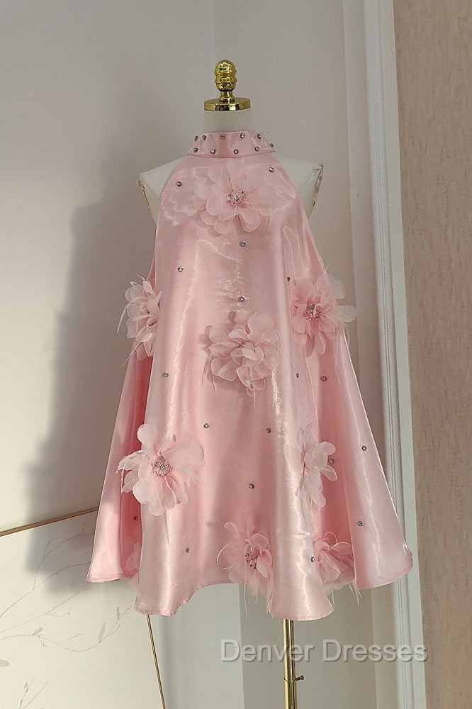 Cute A Line Halter Pink Travel Vacation Dress Short Satin Birthday Dress