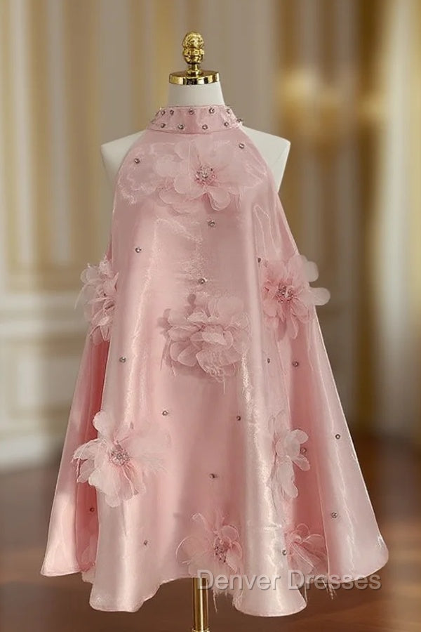 Cute A Line Halter Pink Travel Vacation Dress Short Satin Birthday Dress Main image