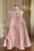 Cute A Line Halter Pink Travel Vacation Dress Short Satin Birthday Dress