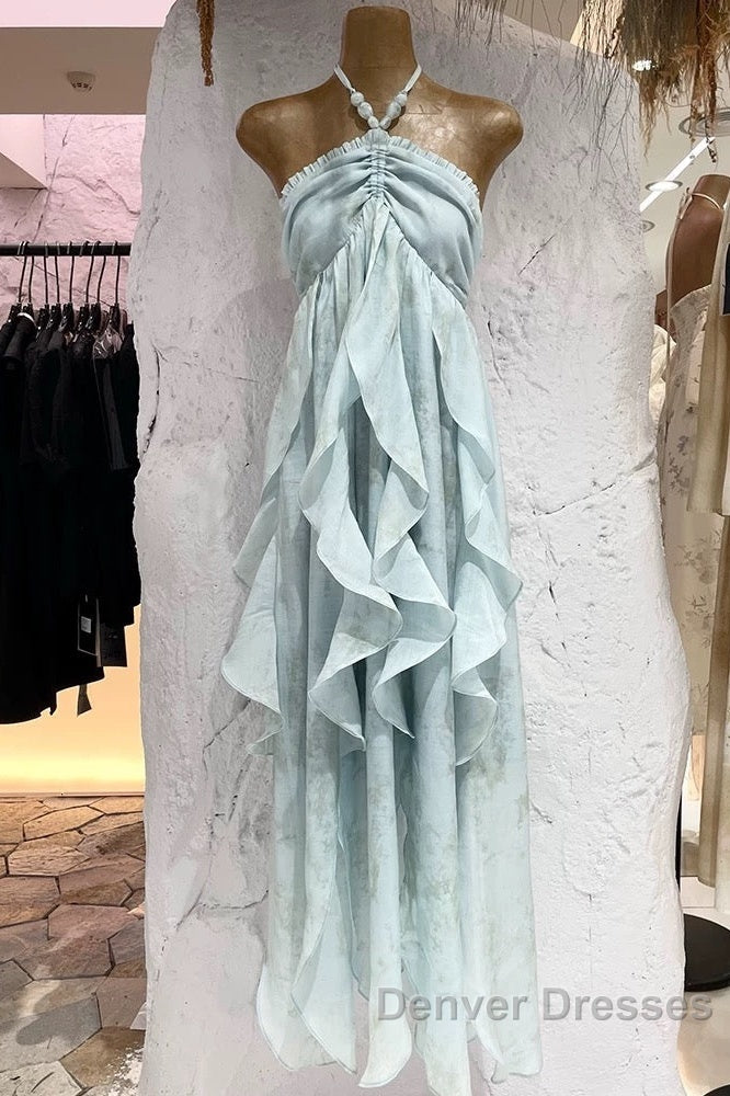 Cute A Line Halter Ruffled Floral Blue Summer Holiday Dress WomenS Long Vacation Dress Secondary image