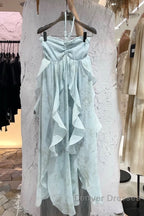 Cute A Line Halter Ruffled Floral Blue Summer Holiday Dress WomenS Long Vacation Dress