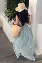 Cute A Line Halter Ruffled Floral Blue Summer Holiday Dress WomenS Long Vacation Dress