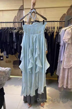 Cute A Line Halter Ruffled Floral Blue Summer Holiday Dress WomenS Long Vacation Dress