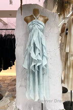 Cute A Line Halter Ruffled Floral Blue Summer Holiday Dress WomenS Long Vacation Dress