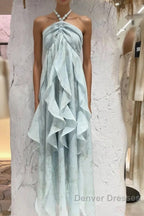 Cute A Line Halter Ruffled Floral Blue Summer Holiday Dress WomenS Long Vacation Dress