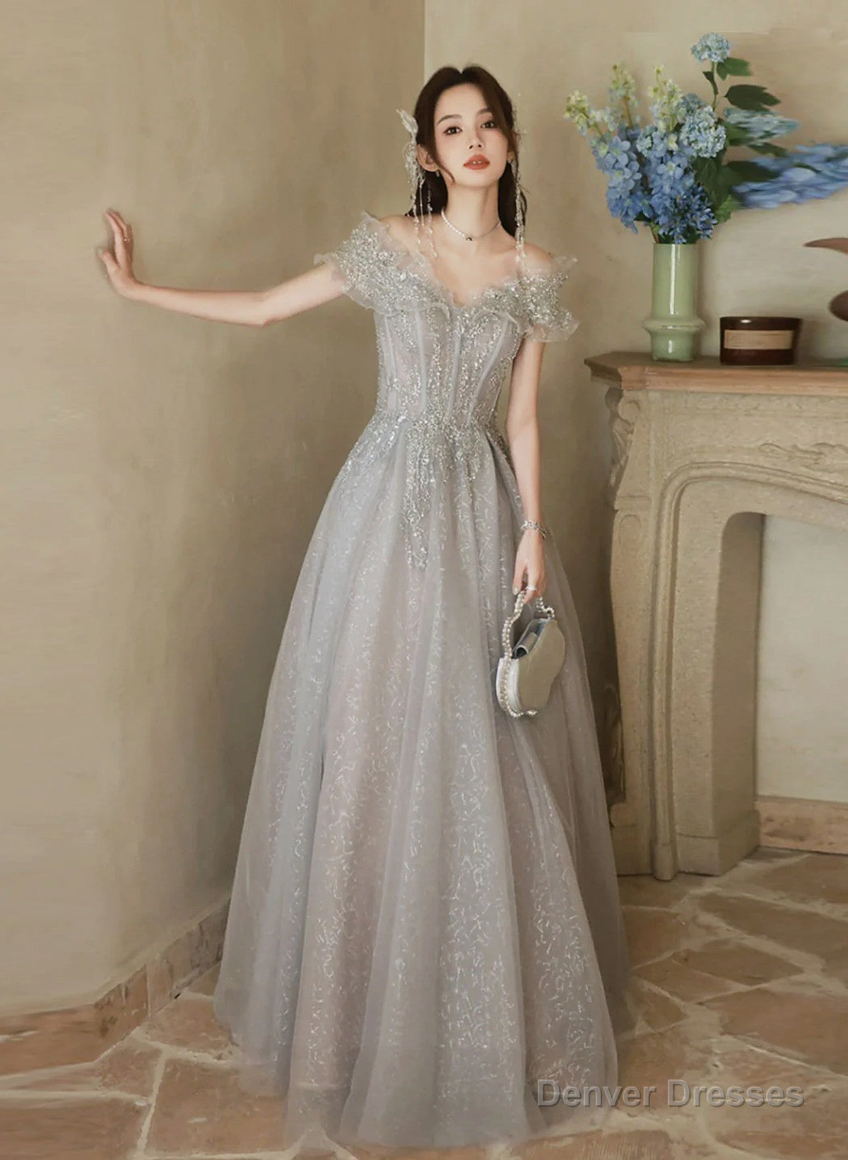 Cute A-line Light Grey Off Shoulder Shiny Tulle Prom Dress, Light Grey Party Dress Secondary image