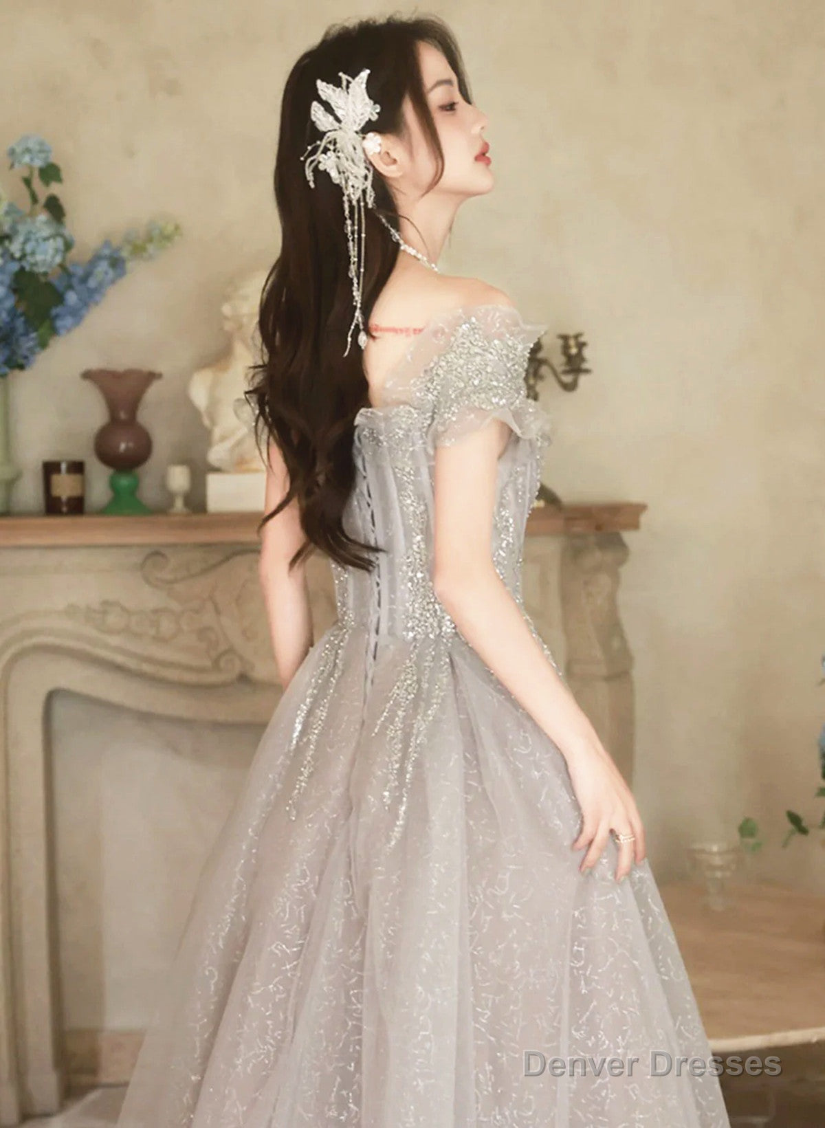 Cute A-line Light Grey Off Shoulder Shiny Tulle Prom Dress, Light Grey Party Dress