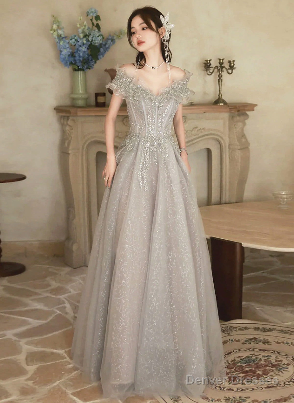 Cute A-line Light Grey Off Shoulder Shiny Tulle Prom Dress, Light Grey Party Dress Main image