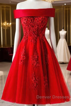Cute A Line Off Shoulder Short Red Lace Prom Dress, Short Red Bridesmaid Dress, Graduation Dress