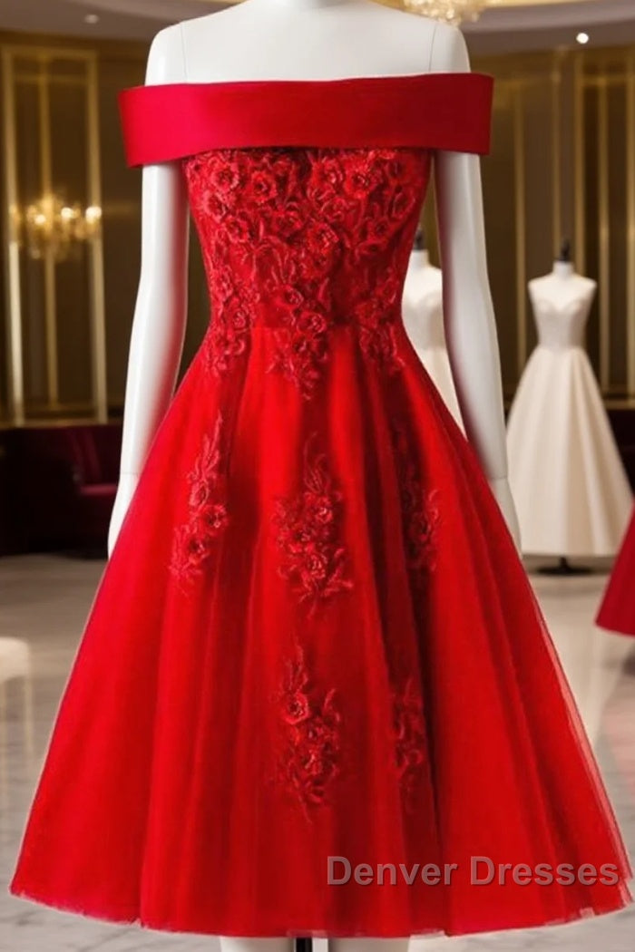 Cute A Line Off Shoulder Short Red Lace Prom Dress, Short Red Bridesmaid Dress, Graduation Dress