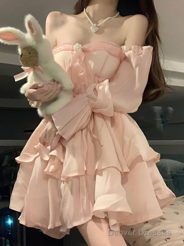 Cute A Line Off The Shoulder Chiffon Pink Short Birthday Dresses Birthday Outfits Main image