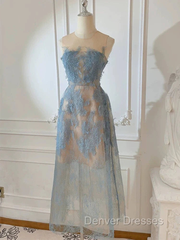 Cute A Line Scoop Neckline Lace Blue Prom Dress Evening Dress