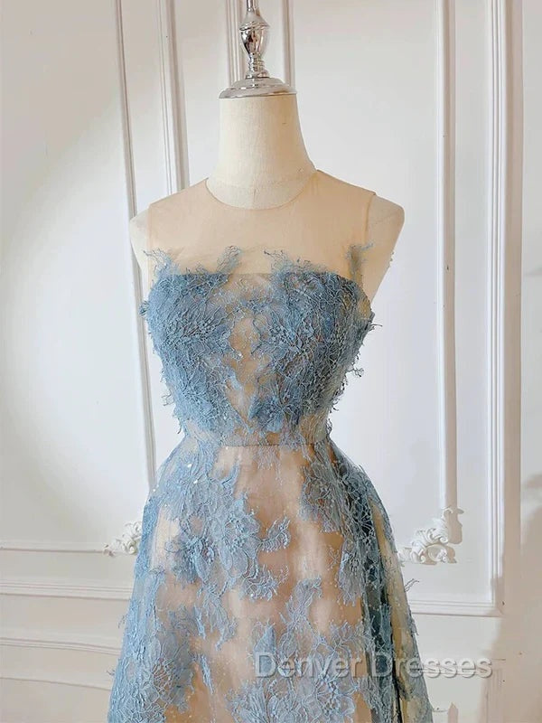 Cute A Line Scoop Neckline Lace Blue Prom Dress Evening Dress