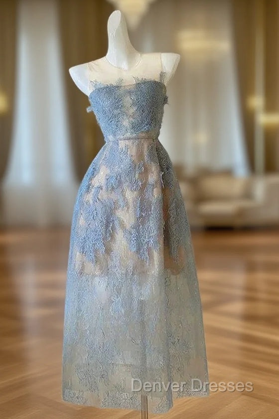 Cute A Line Scoop Neckline Lace Blue Prom Dress Evening Dress