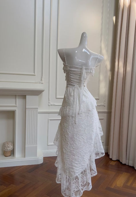 Cute A Line Spaghetti Strap Tiered Pearl White Lace Party Dress Evening Dress Secondary image