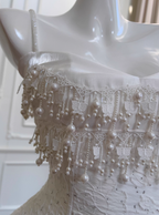 Cute A Line Spaghetti Strap Tiered Pearl White Lace Party Dress Evening Dress
