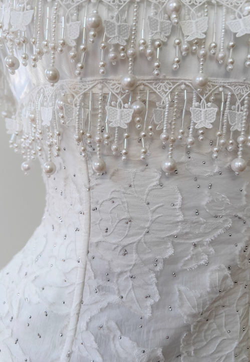Cute A Line Spaghetti Strap Tiered Pearl White Lace Party Dress Evening Dress