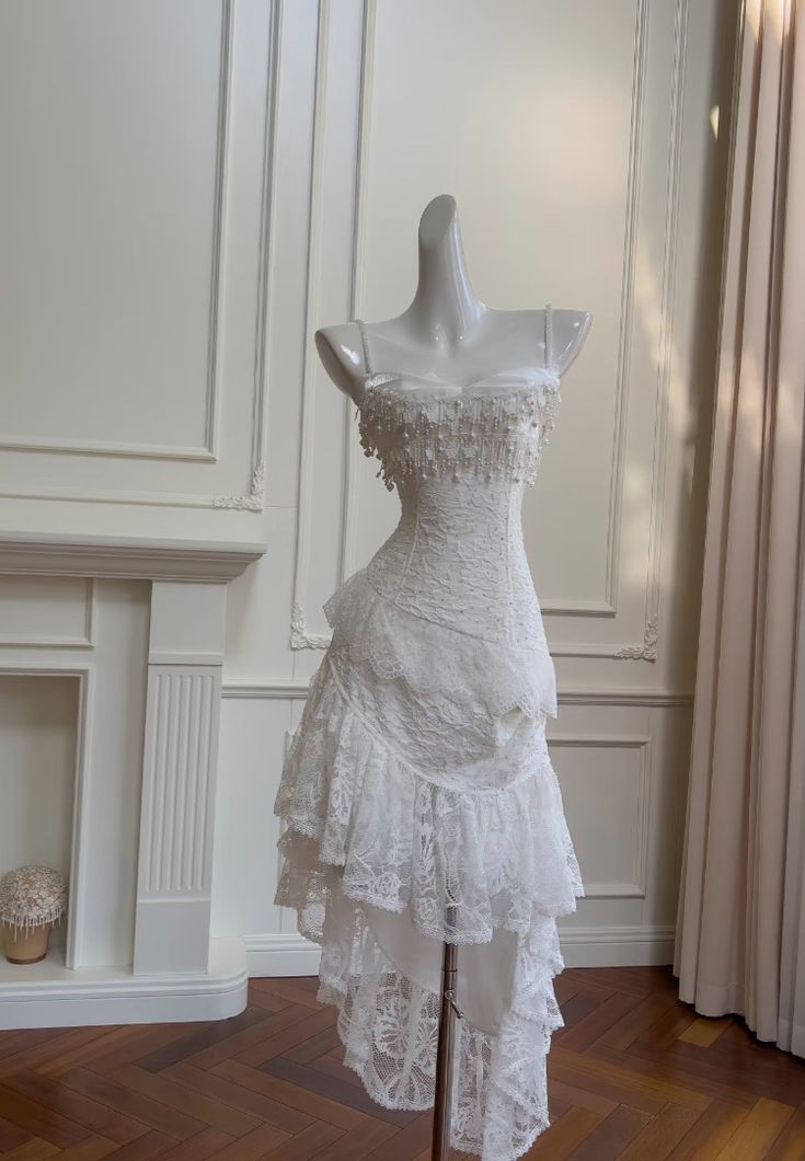 Cute A Line Spaghetti Strap Tiered Pearl White Lace Party Dress Evening Dress Main image