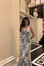 Cute A Line Spaghetti Straps Mid Length Floral Blue Prom Dresses Birthday Outfits