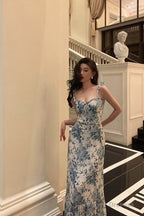 Cute A Line Spaghetti Straps Mid Length Floral Blue Prom Dresses Birthday Outfits